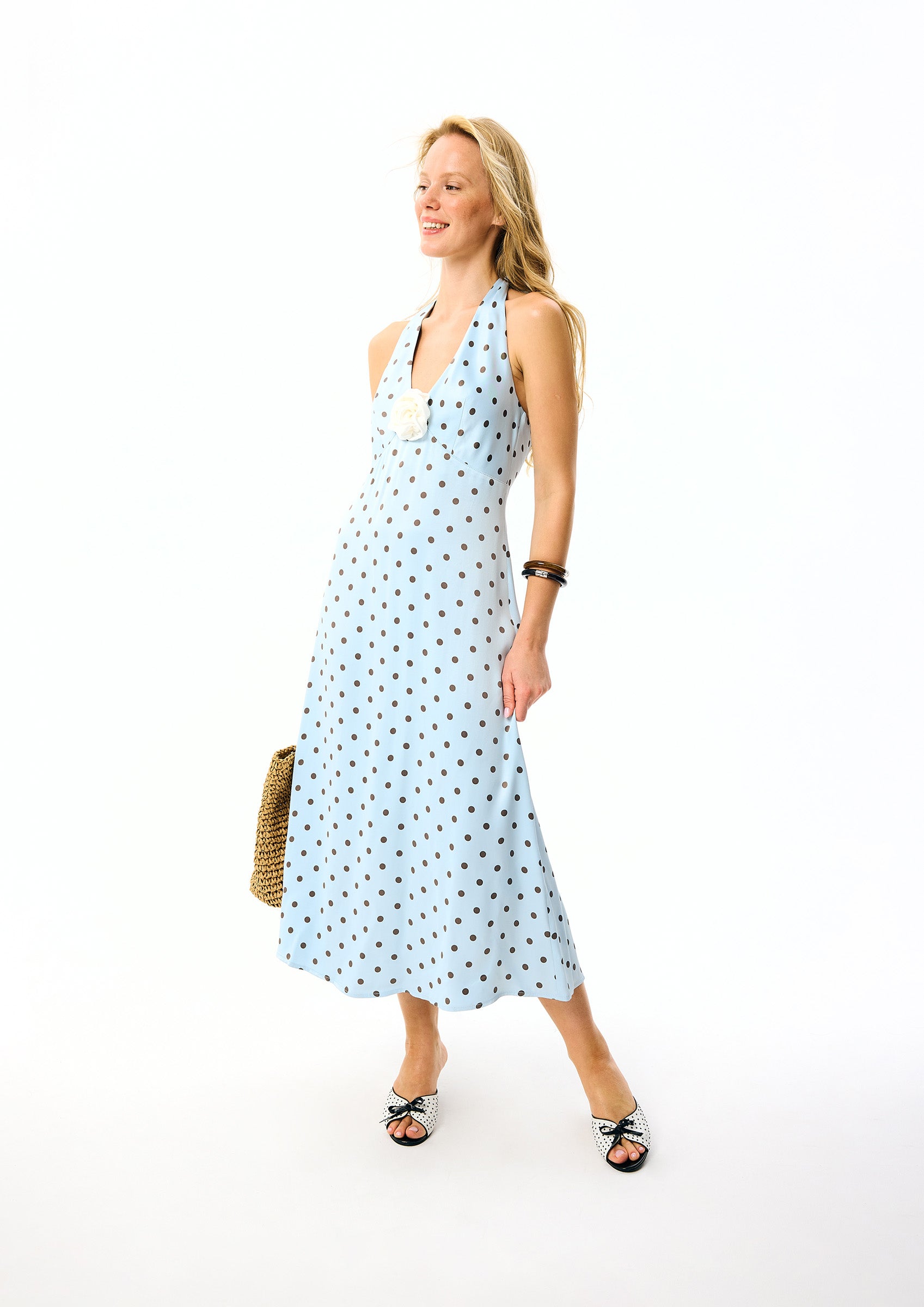Jardin Halterneck Maxi Dress in Blue with Polka Dot