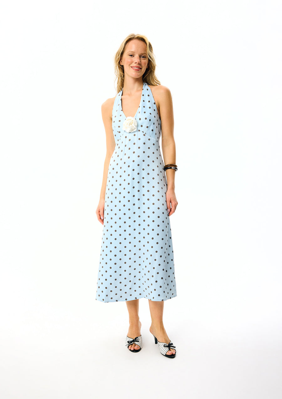 Jardin Halterneck Maxi Dress in Blue with Polka Dot