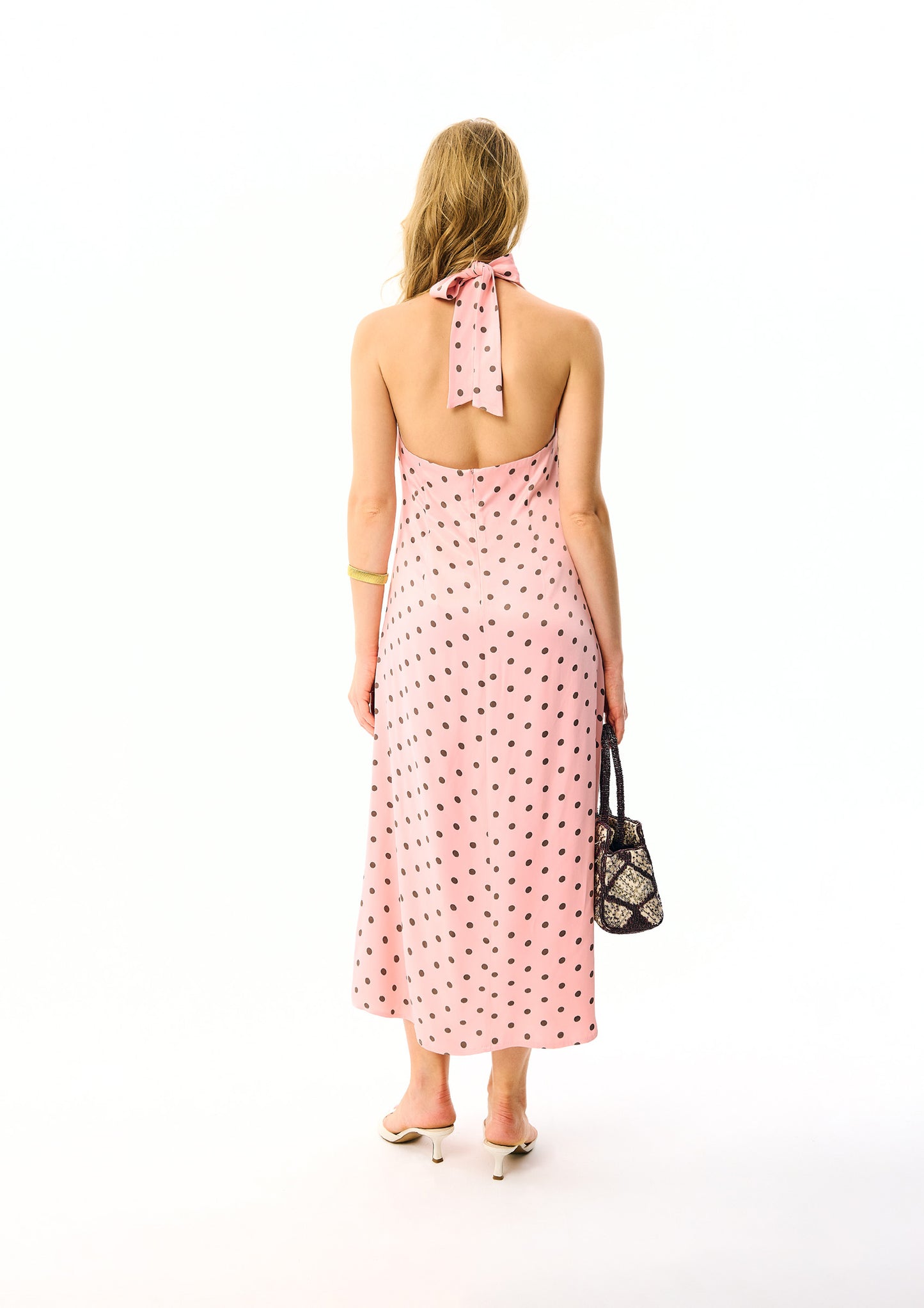 Jardin Halterneck Maxi Dress in Blush with Polka Dot