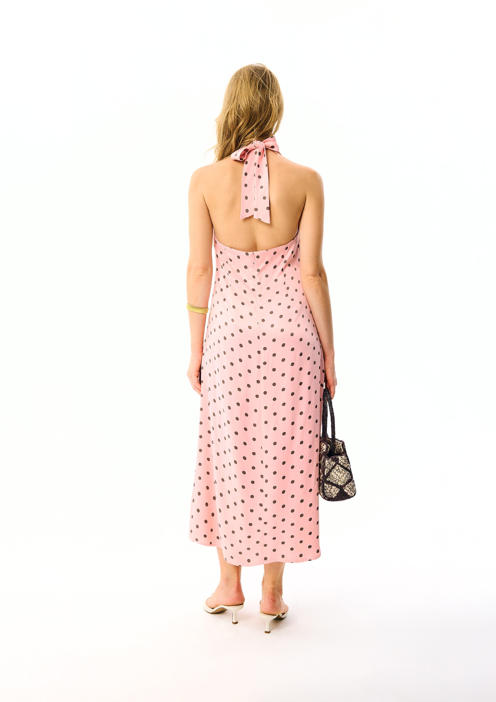 Jardin Halterneck Maxi Dress in Blush with Polka Dot