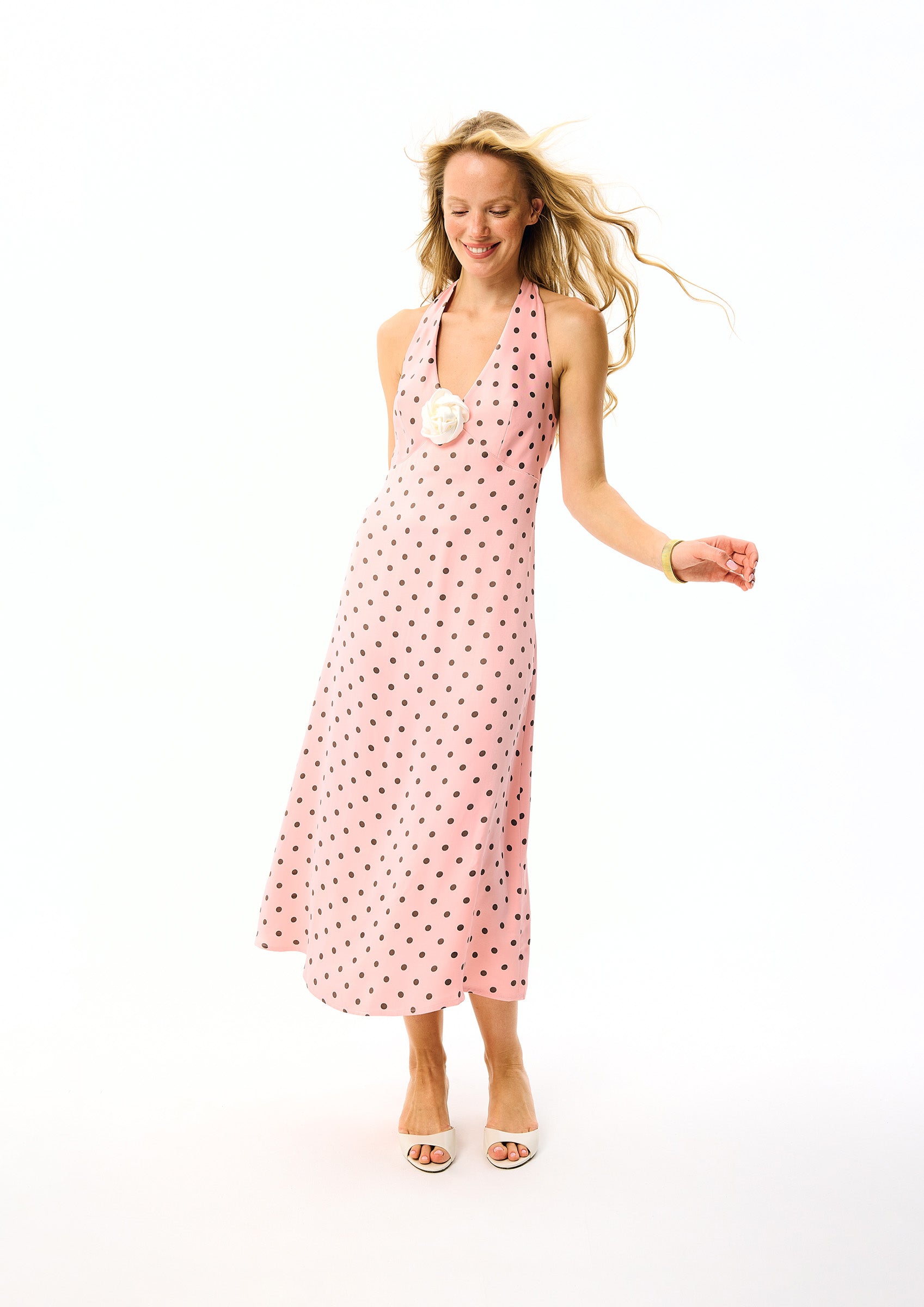 Jardin Halterneck Maxi Dress in Blush with Polka Dot