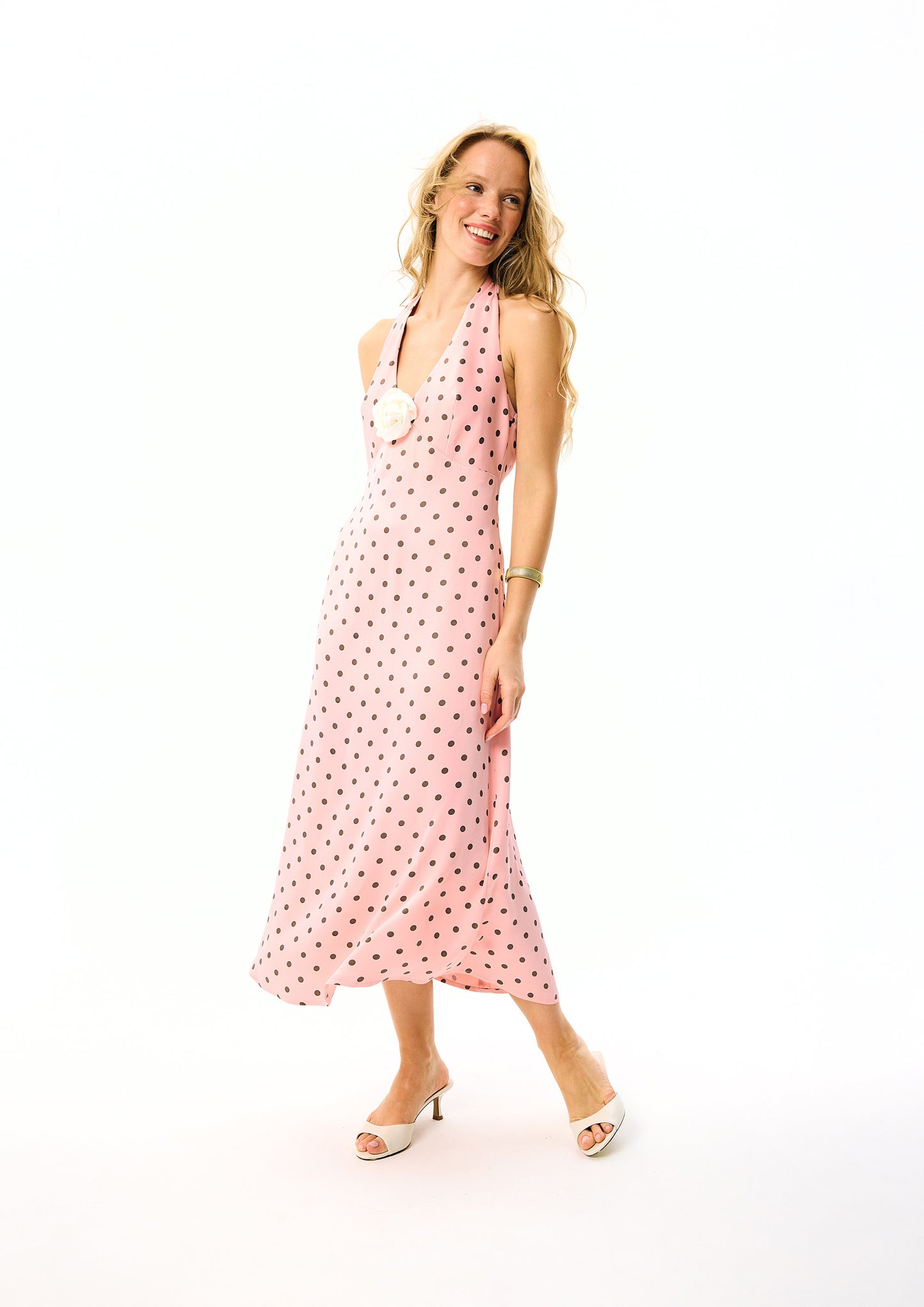 Jardin Halterneck Maxi Dress in Blush with Polka Dot