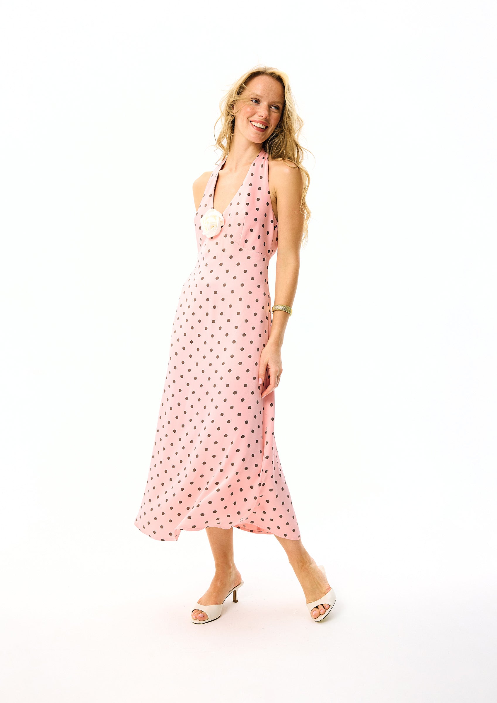 Jardin Halterneck Maxi Dress in Blush with Polka Dot