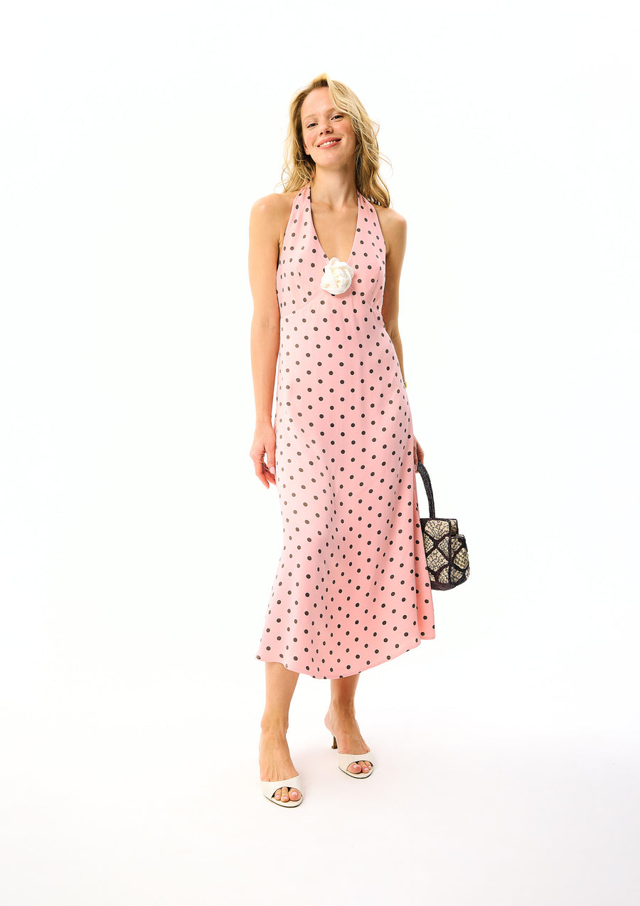 Jardin Halterneck Maxi Dress in Blush with Polka Dot