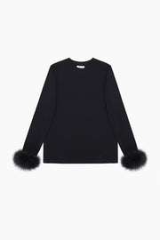 Long Sleeve Stretch-cotton Jersey T-Shirt with Detachable Feathers in Black