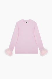 Long Sleeve Stretch-cotton Jersey T-Shirt with Detachable Feathers in Pink