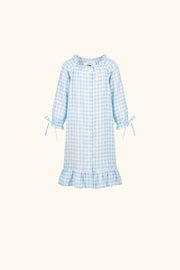 Loungewear Linen Kids Dress with Hair Ribbon in Blue vichy