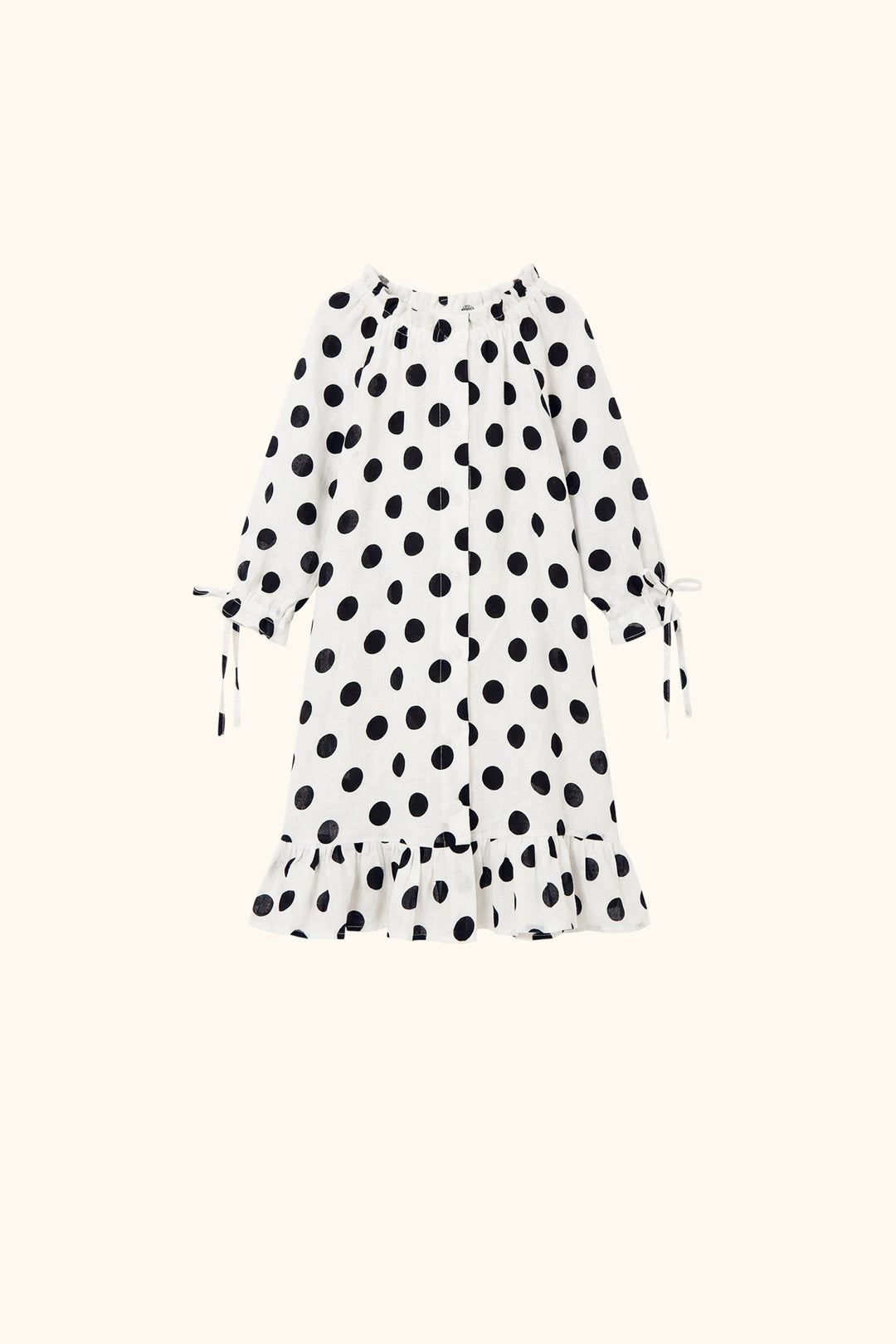 Loungewear Linen Kids Dress with Hair Ribbon in White and Black Polka dot