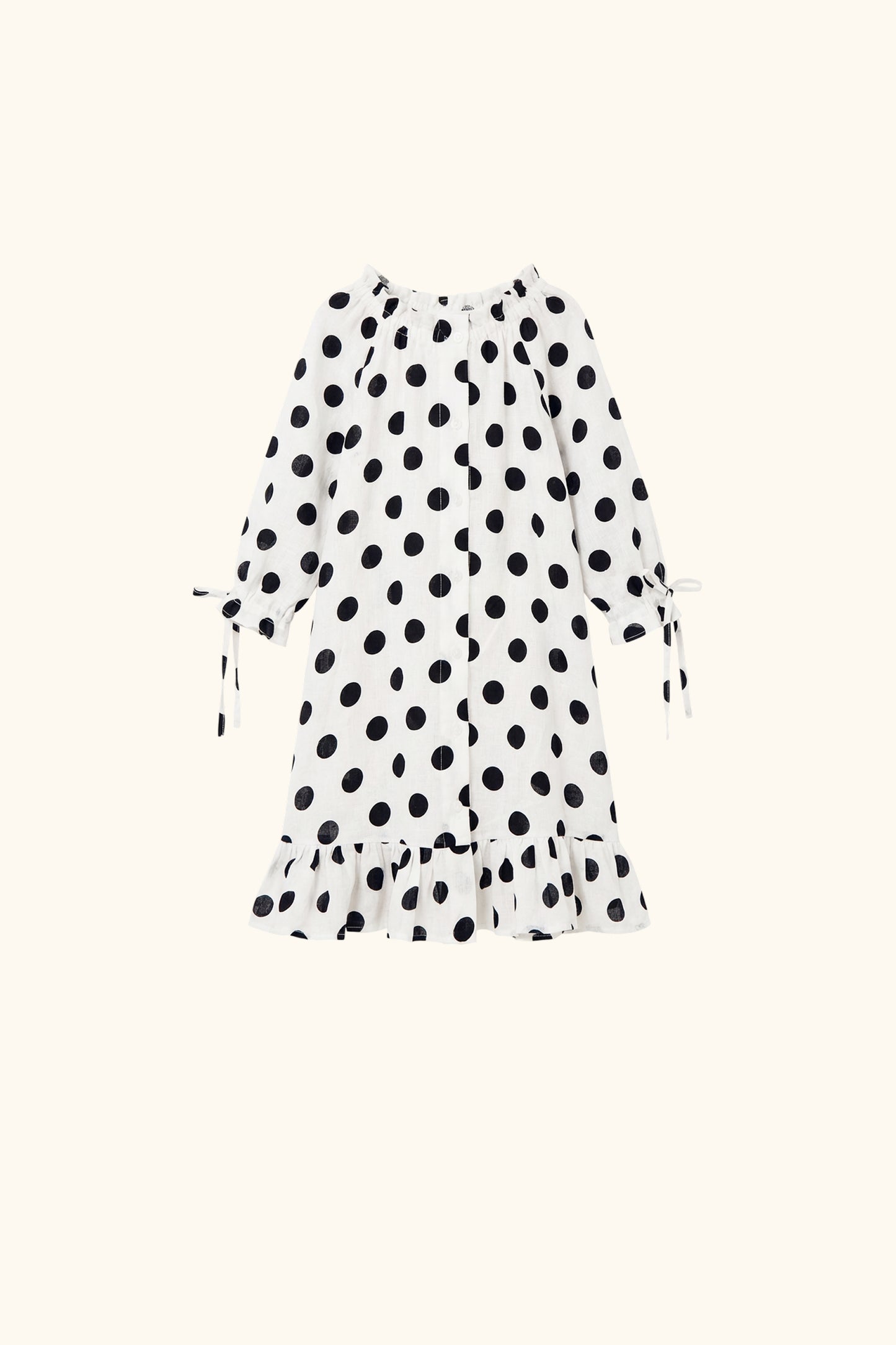 Loungewear Linen Kids Dress with Hair Ribbon in White and Black Polka dot