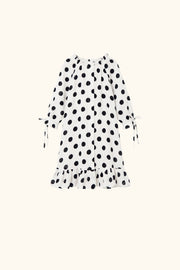 Loungewear Linen Kids Dress with Hair Ribbon in White and Black Polka dot