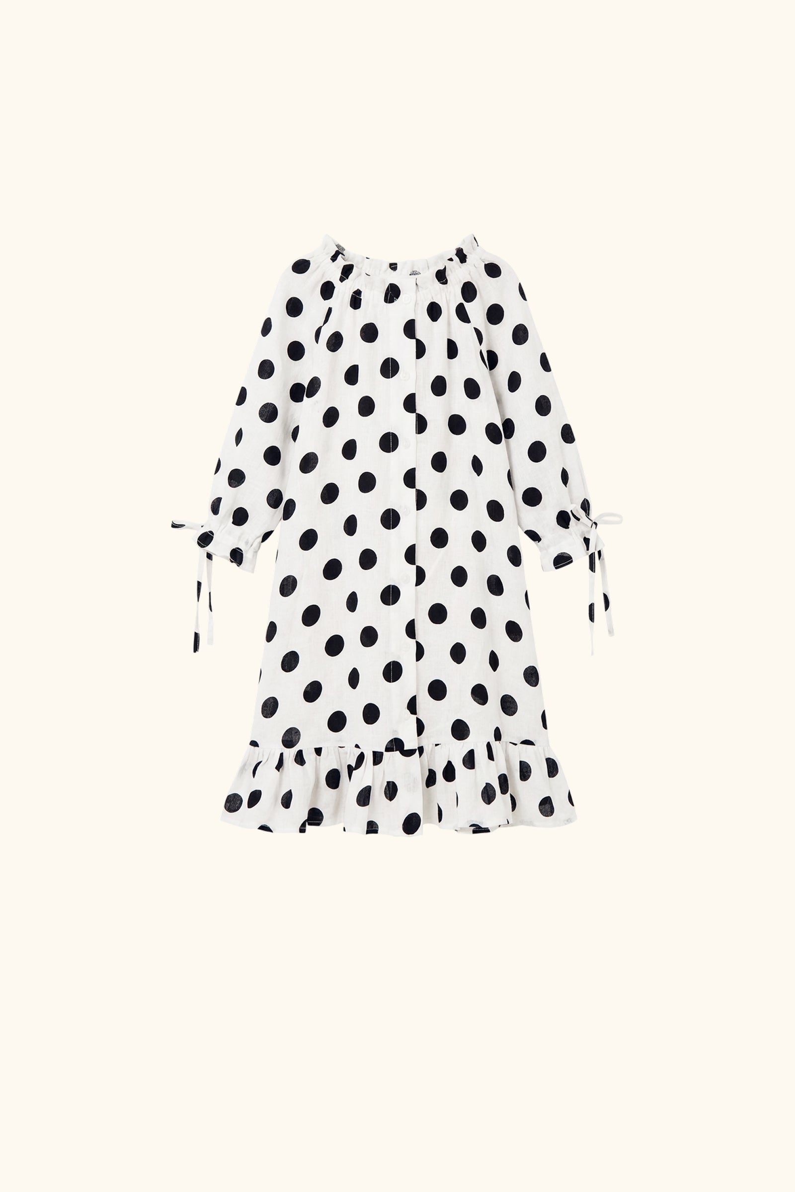 Loungewear Linen Kids Dress with Hair Ribbon in White and Black Polka dot