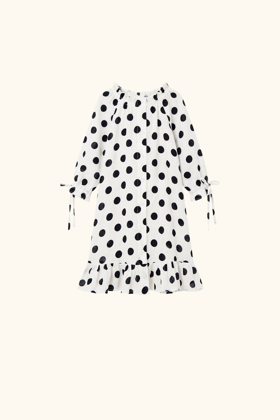 Loungewear Linen Kids Dress with Hair Ribbon in White and Black Polka dot
