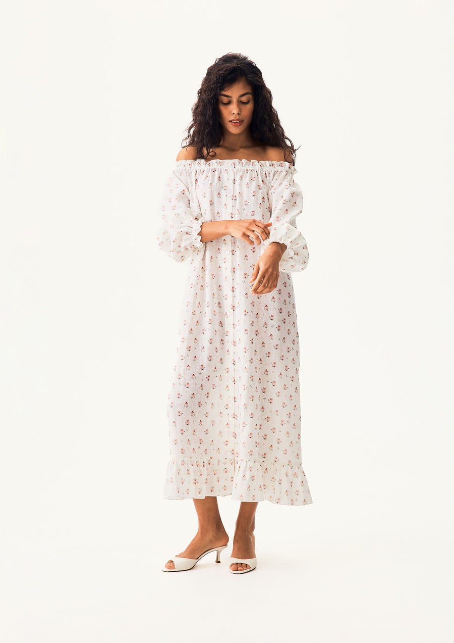 Loungewear Linen Dress with Hair Ribbon in Bouquets