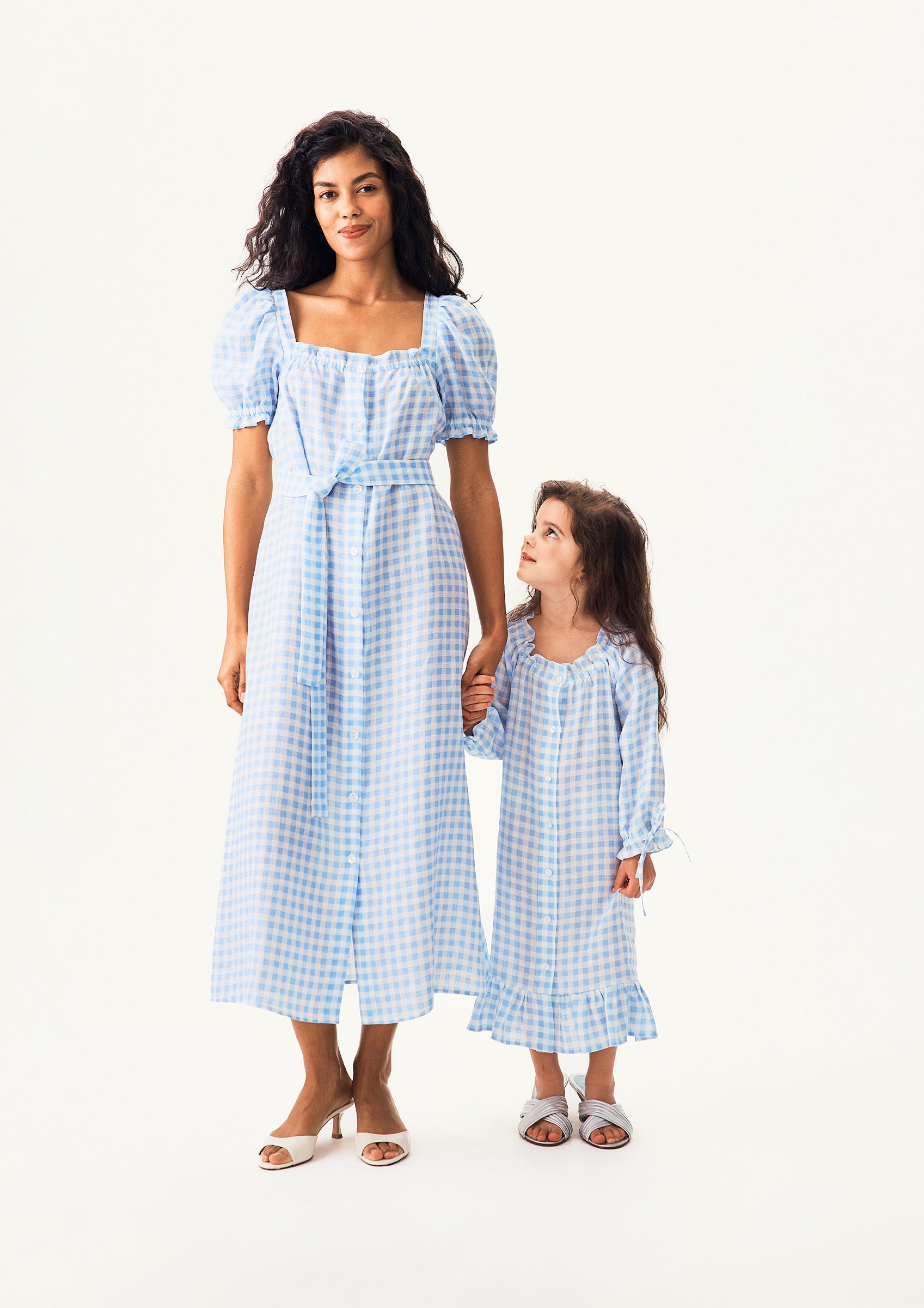 Loungewear Linen Kids Dress with Hair Ribbon in Blue vichy