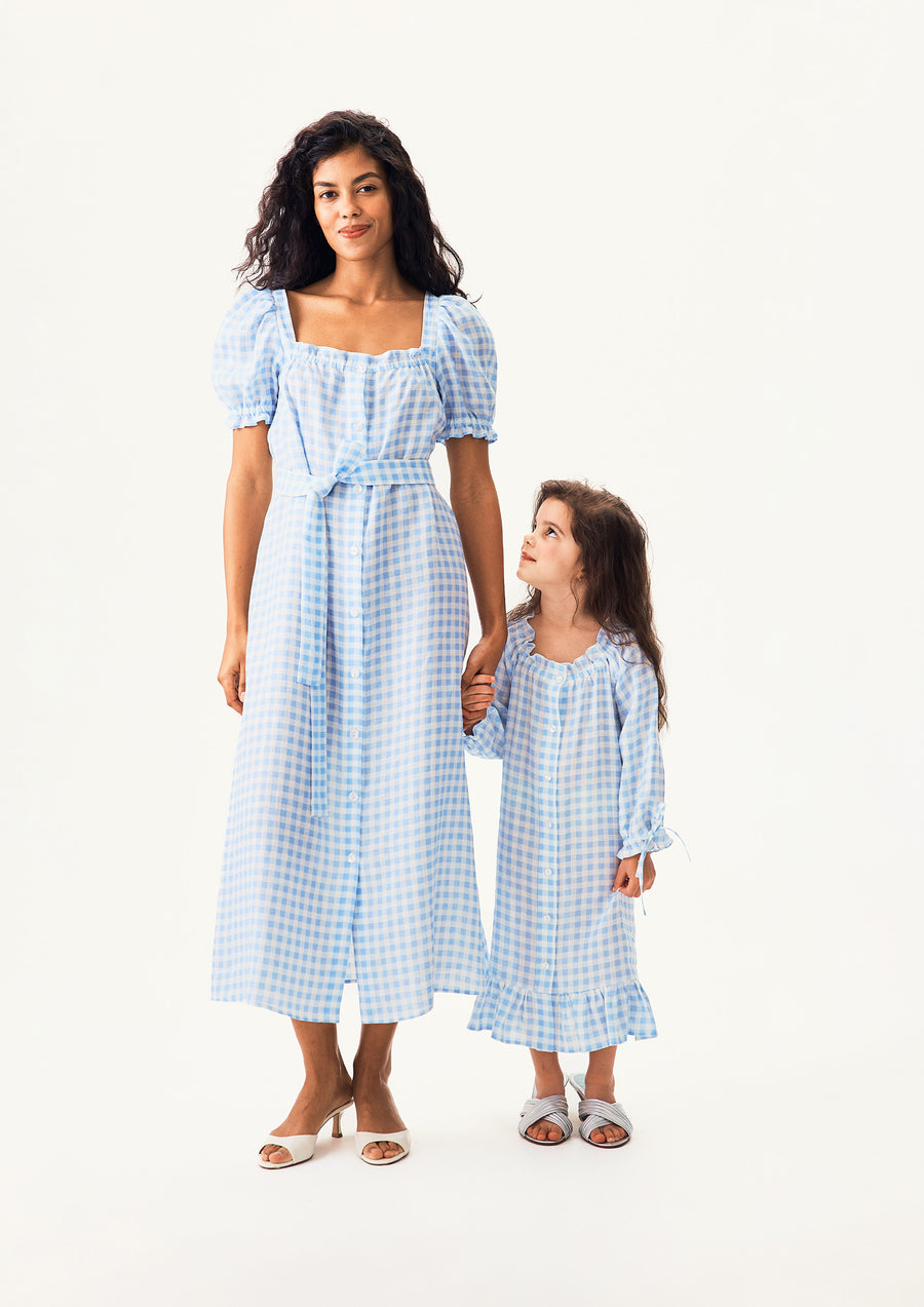 Loungewear Linen Kids Dress with Hair Ribbon in Blue vichy