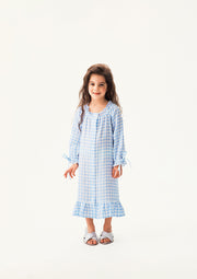 Loungewear Linen Kids Dress with Hair Ribbon in Blue vichy