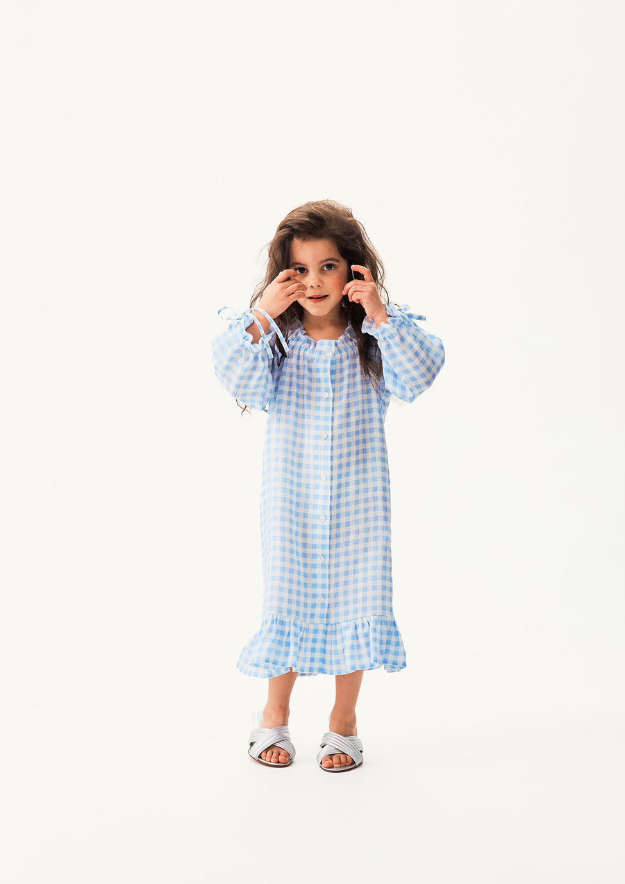 Loungewear Linen Kids Dress with Hair Ribbon in Blue vichy