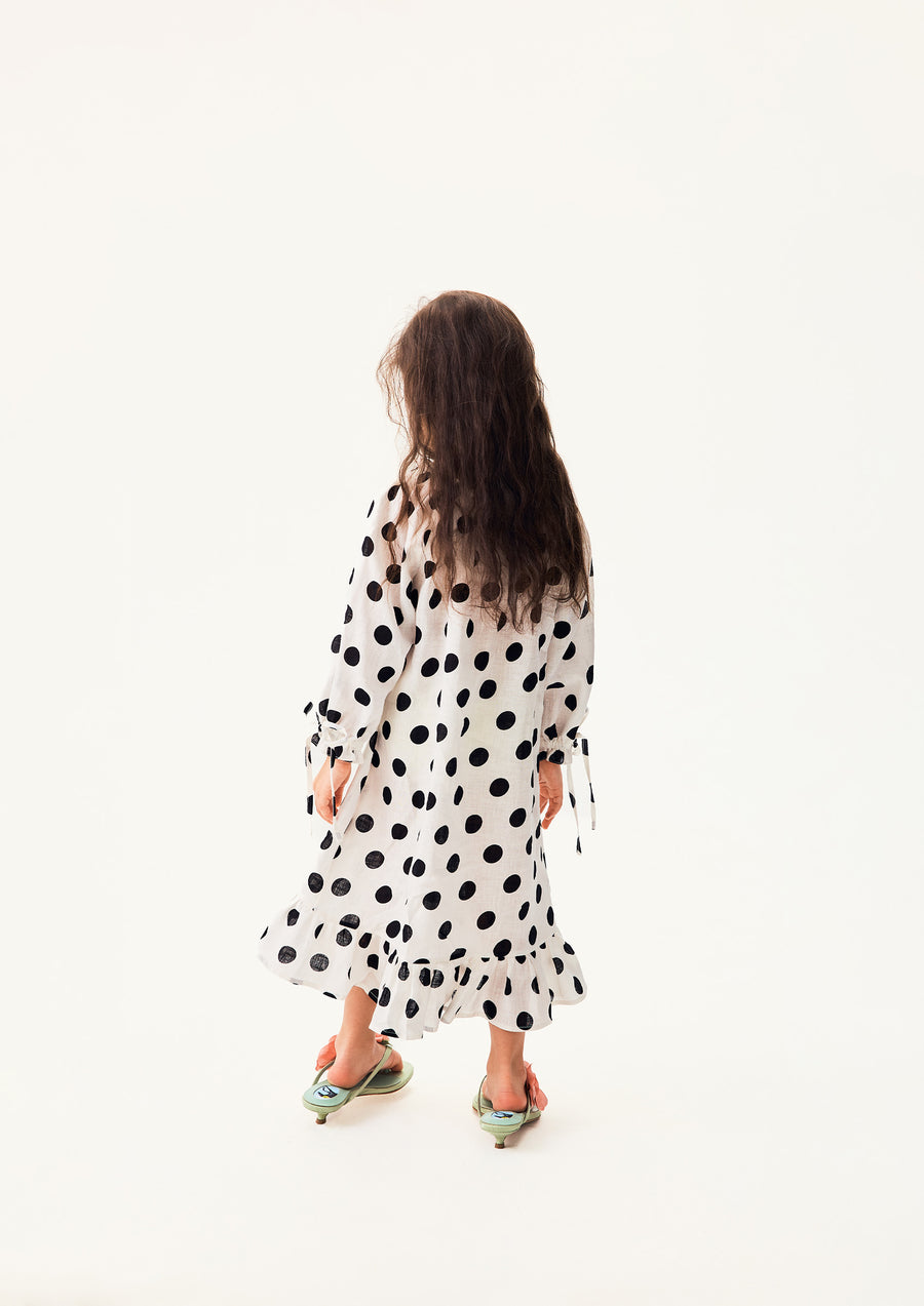 Loungewear Linen Kids Dress with Hair Ribbon in White and Black Polka dot