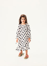 Loungewear Linen Kids Dress with Hair Ribbon in White and Black Polka dot