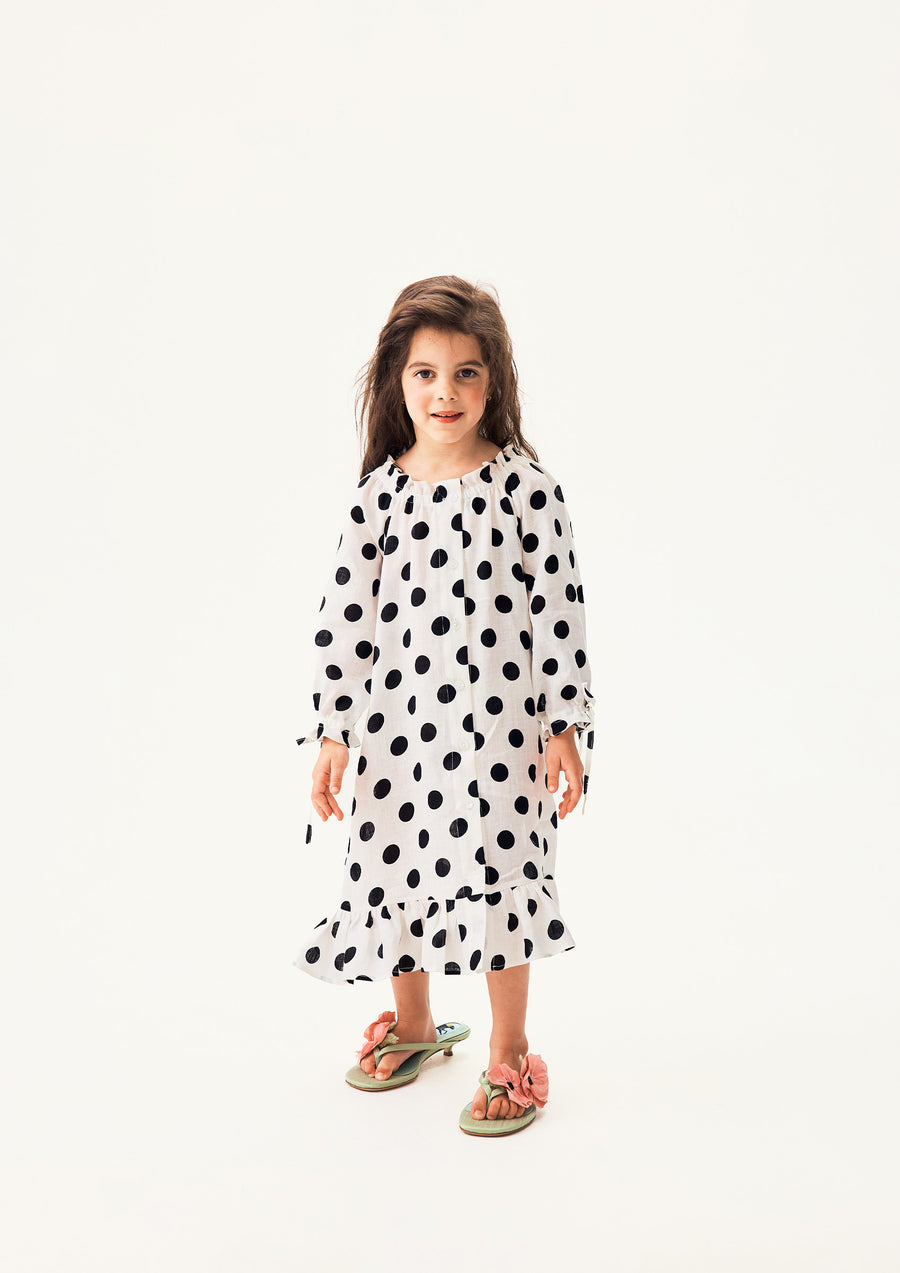 Loungewear Linen Kids Dress with Hair Ribbon in White and Black Polka dot