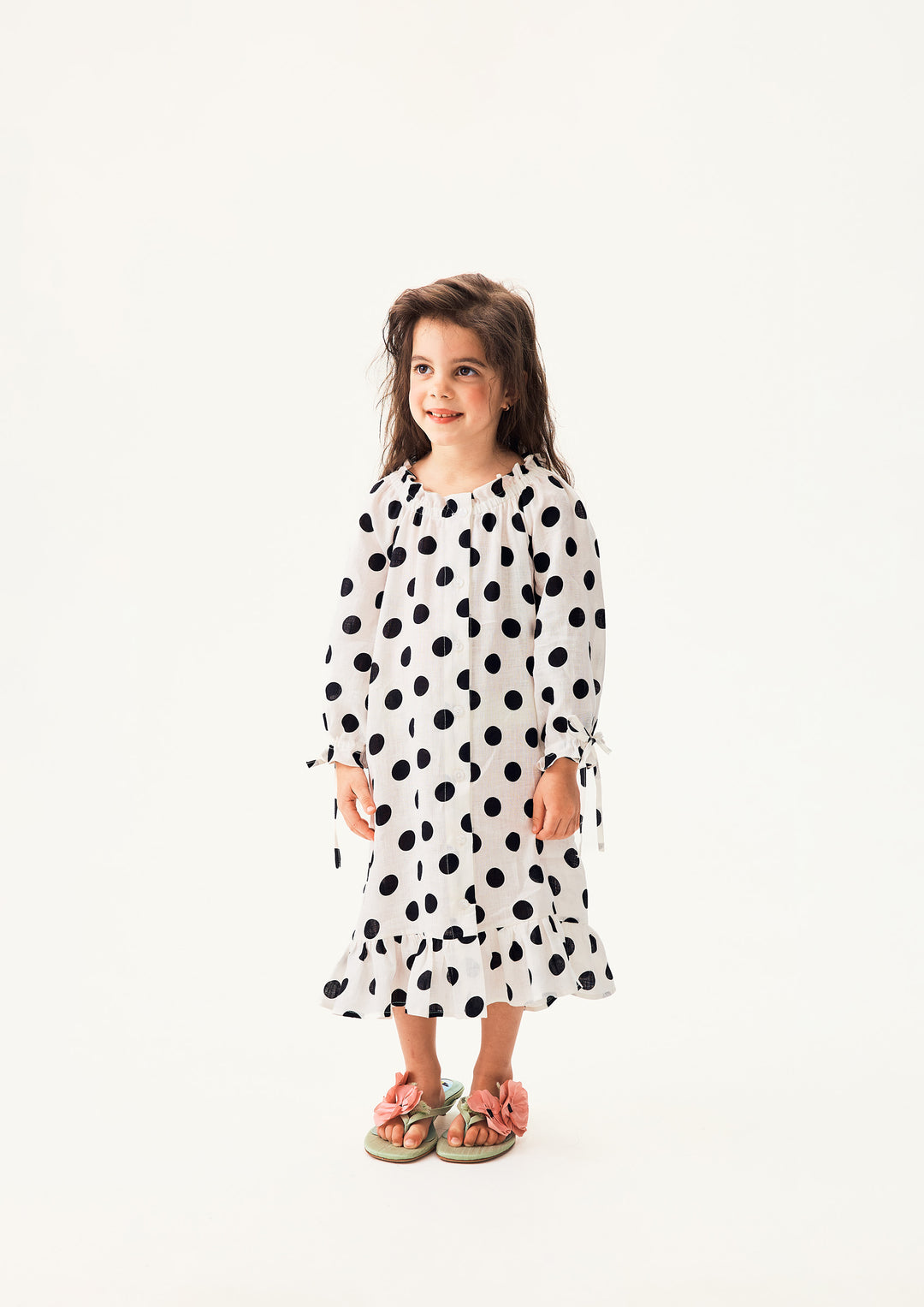 Loungewear Linen Kids Dress with Hair Ribbon in White and Black Polka dot