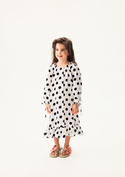 Loungewear Linen Kids Dress with Hair Ribbon in White and Black Polka dot