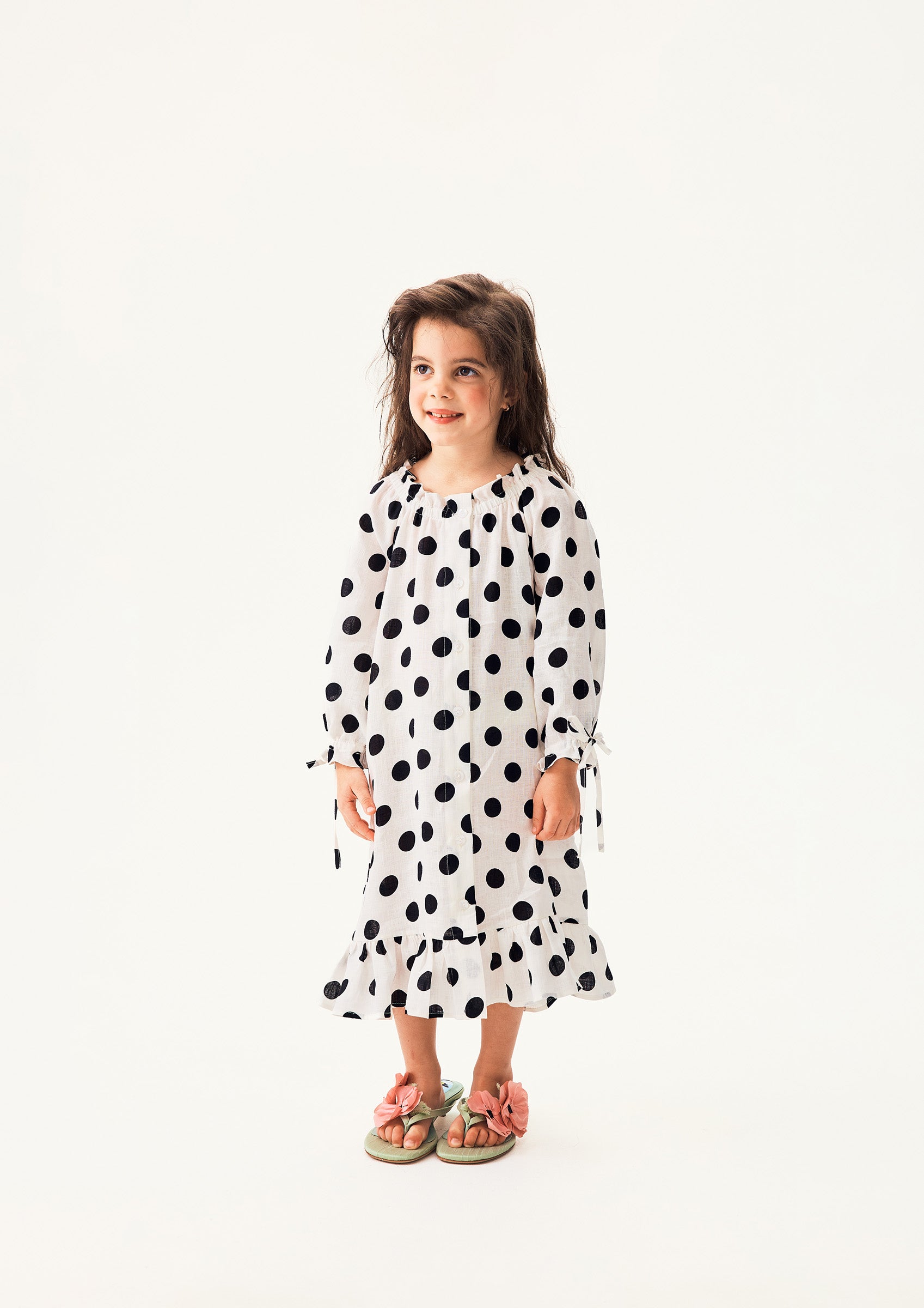 Loungewear Linen Kids Dress with Hair Ribbon in White and Black Polka dot