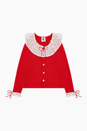 Malena Knitted Cardigan with Lace Collar in Red