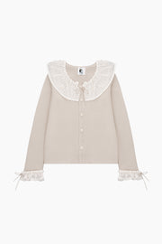 Malena Knitted Cardigan with Lace Collar in Beige