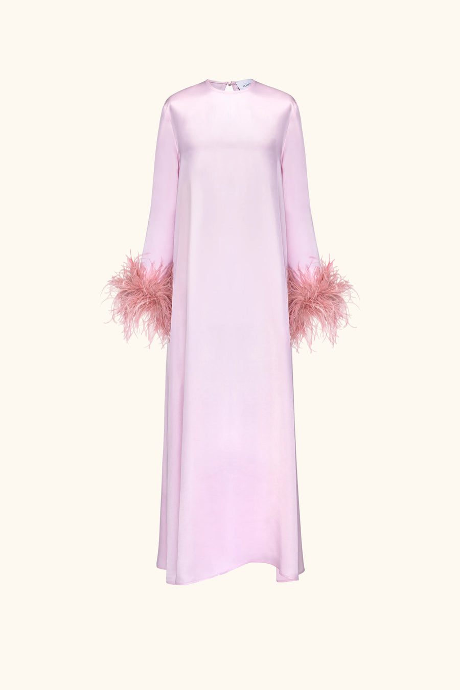 pink long sleeve dress with feathers Feather Trim Bell Sleeve Evening Gown 41077