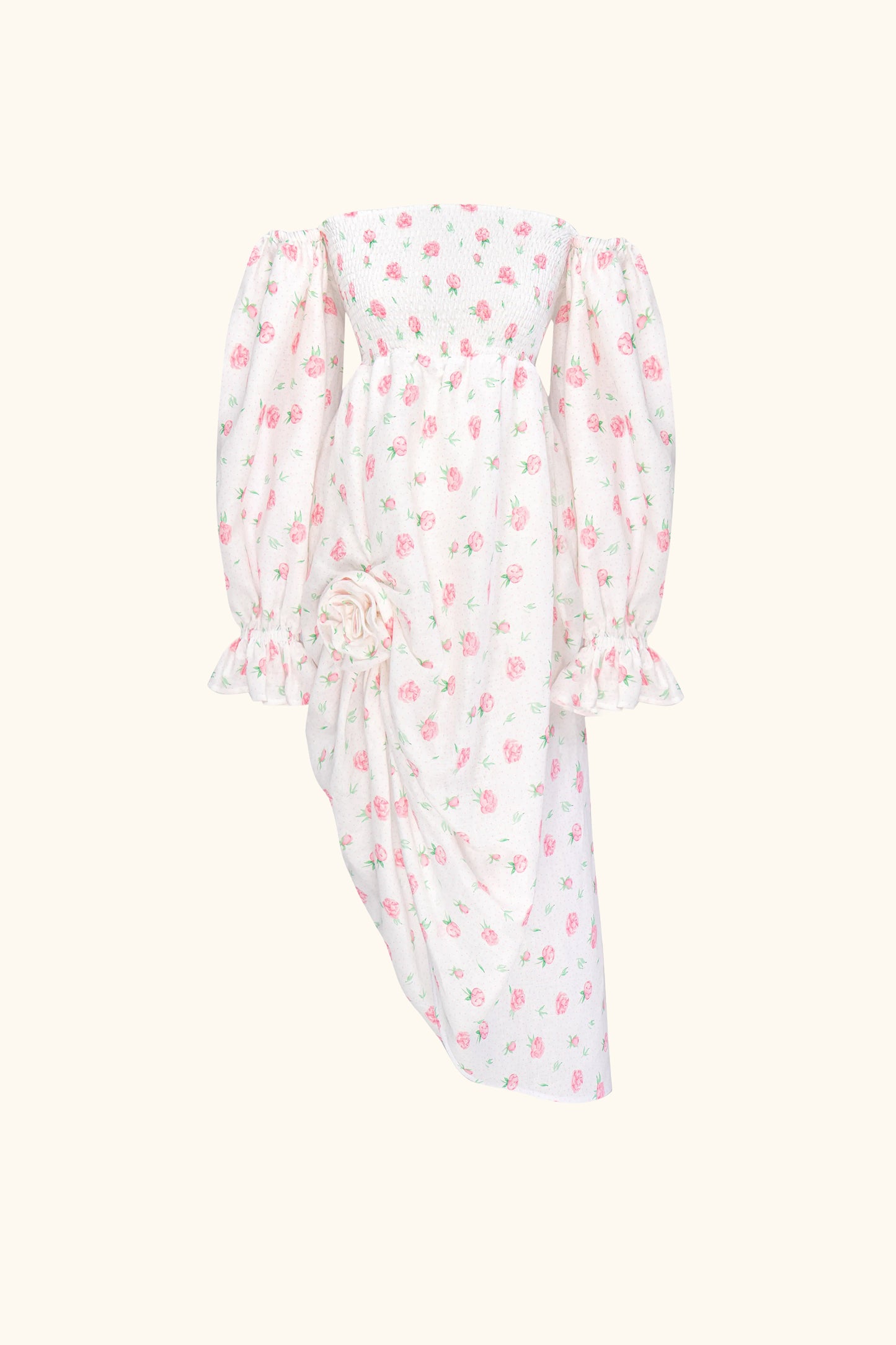 Sleeper Atlanta Linen Dress with Rose Detail in Cream - size L Sleeper Atlanta Linen Dress with Rose Detail in Cream - size L
