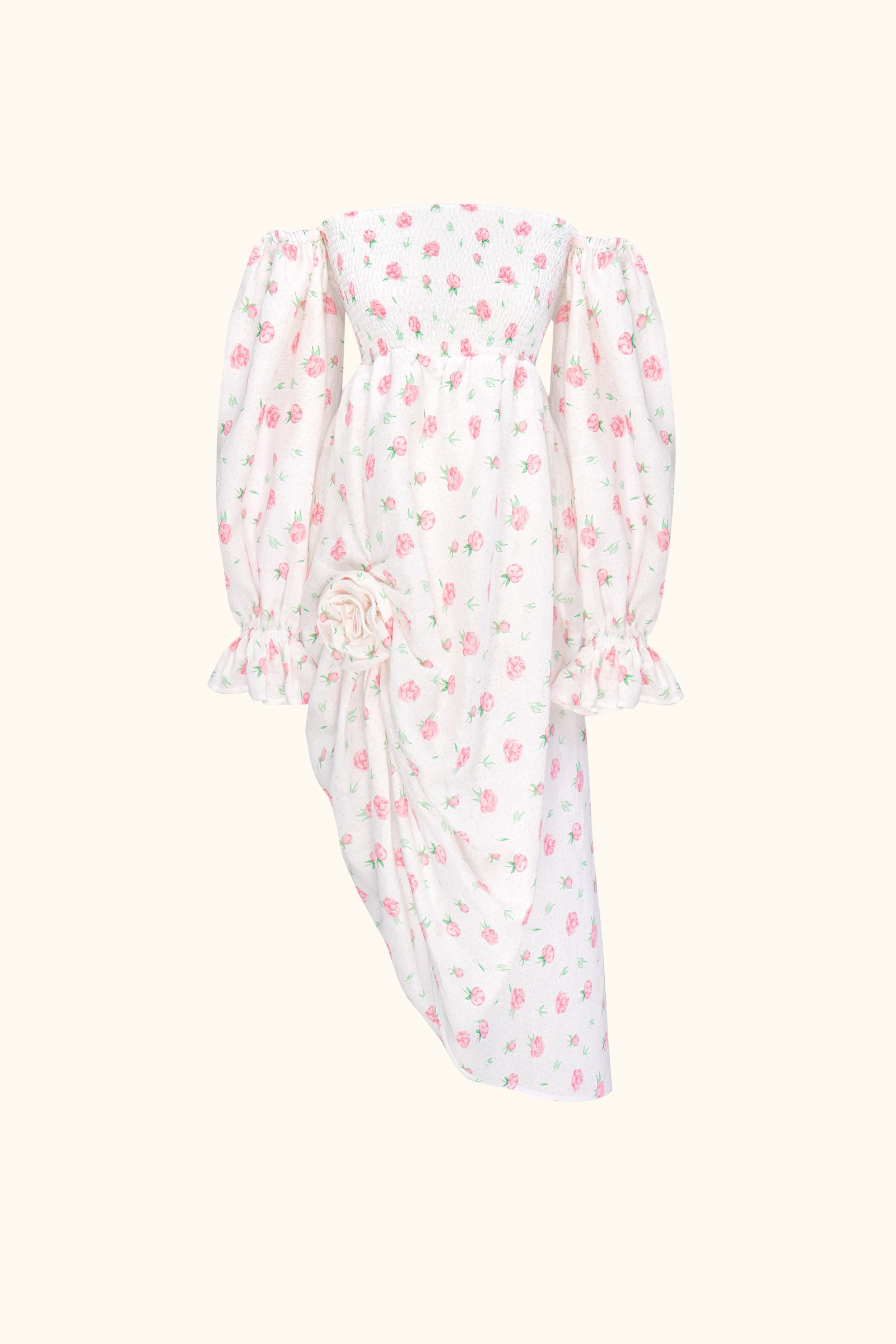 Sleeper Atlanta Linen Dress with Rose Detail in Cream - size L Sleeper Atlanta Linen Dress with Rose Detail in Cream - size L