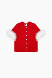 Miss Kitty Short Sleeve Cardigan with Detachable Feathers in Red