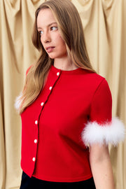 Miss Kitty Short Sleeve Cardigan with Detachable Feathers in Red
