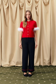 Miss Kitty Short Sleeve Cardigan with Detachable Feathers in Red
