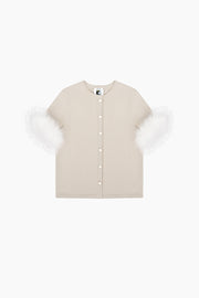 Miss Kitty Short Sleeve Cardigan with Detachable Feathers in Beige