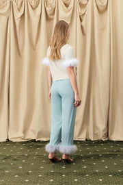 Miss Kitty Short Sleeve Cardigan with Detachable Feathers in Beige