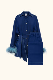 Miss Cat Belted Set with Detachable Feathers in Navy