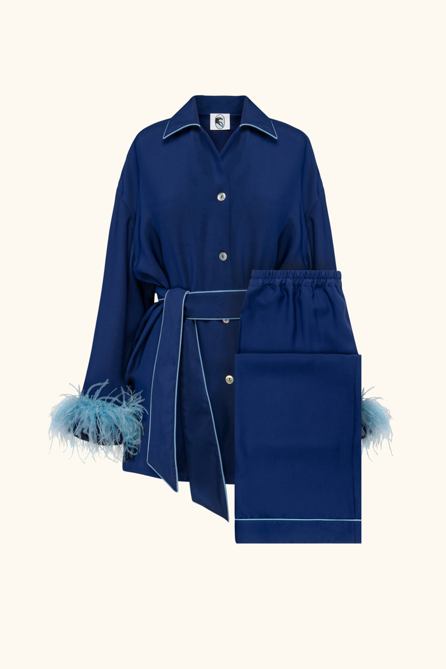 Miss Cat Belted Set with Detachable Feathers in Navy