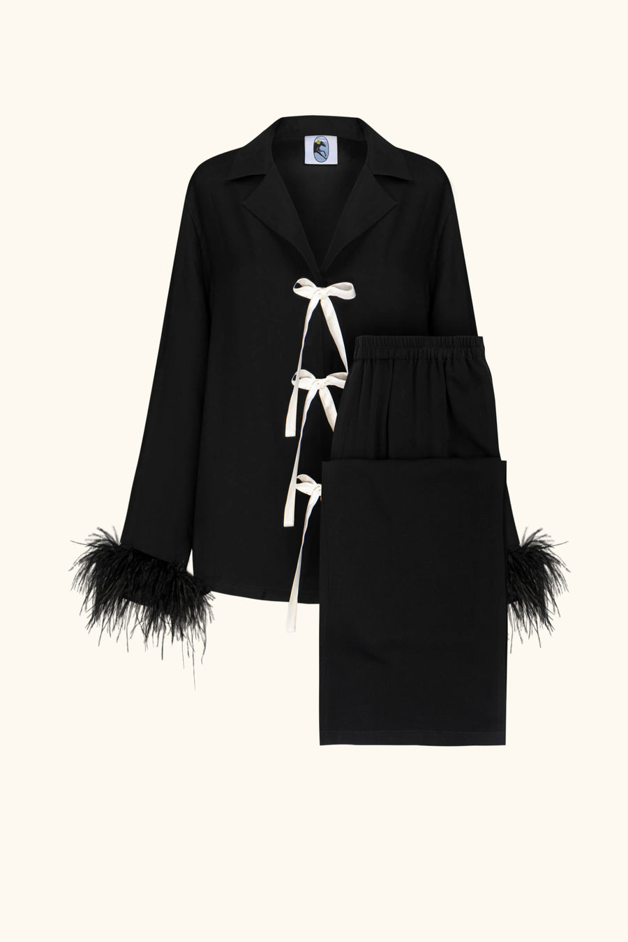 The Bow Pajama Set with Detachable Feathers in Black