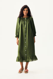 Loungewear Linen Dress with Hair Ribbon in Green