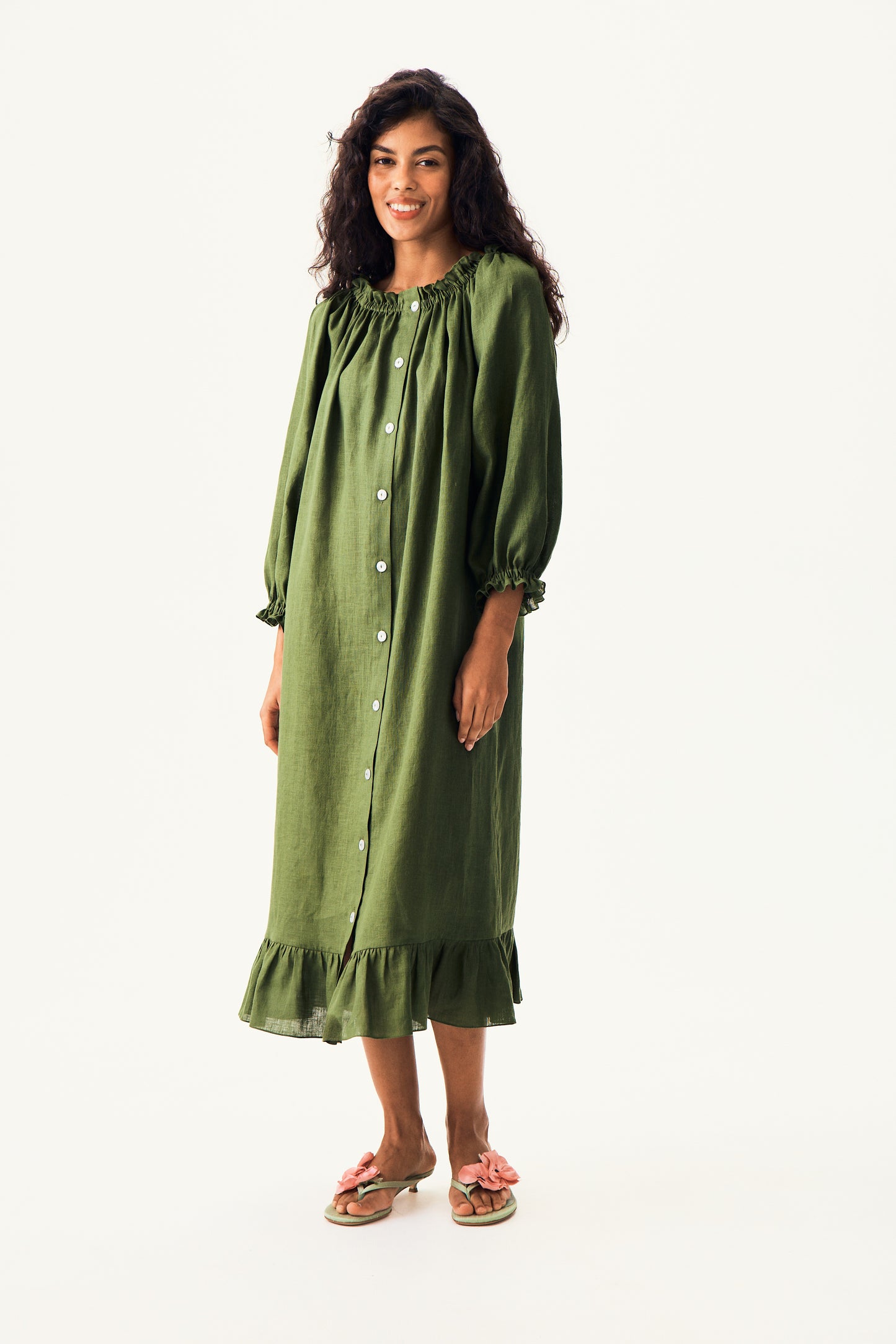 Loungewear Linen Dress with Hair Ribbon in Green