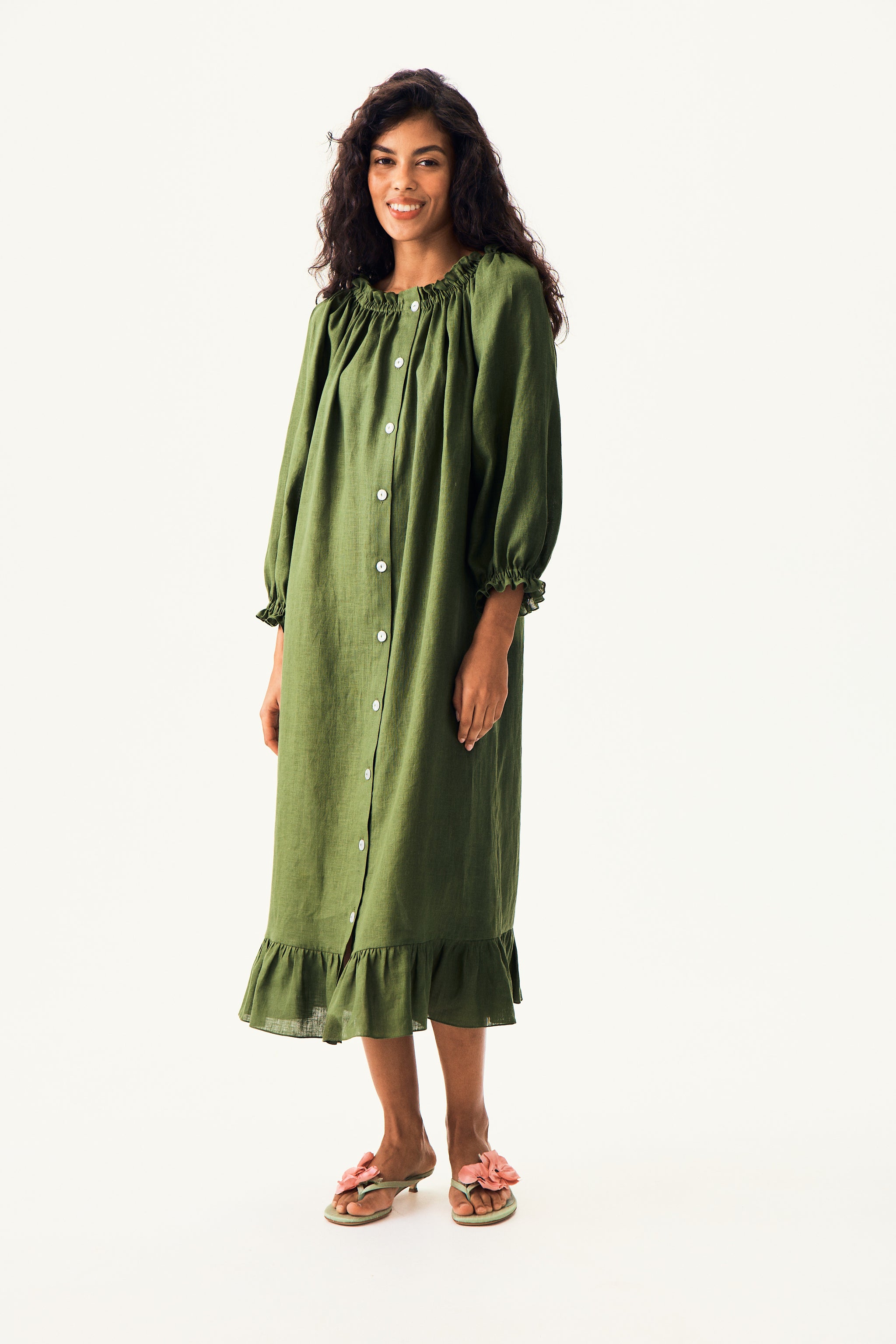 Loungewear Linen Dress with Hair Ribbon in Green