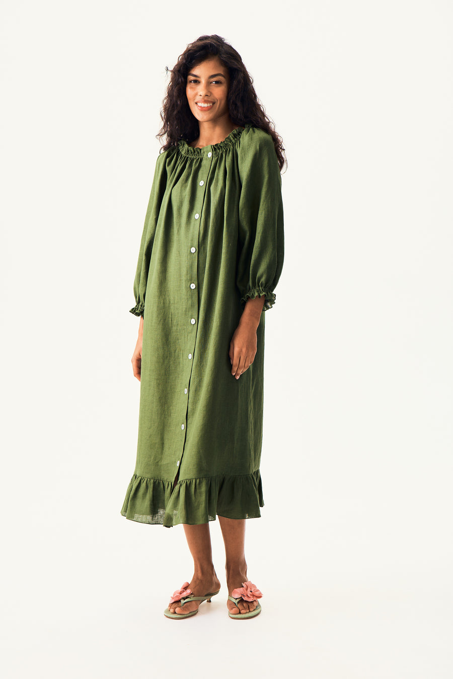 Loungewear Linen Dress with Hair Ribbon in Green