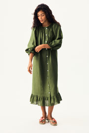 Loungewear Linen Dress with Hair Ribbon in Green