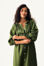 Loungewear Linen Dress with Hair Ribbon in Green
