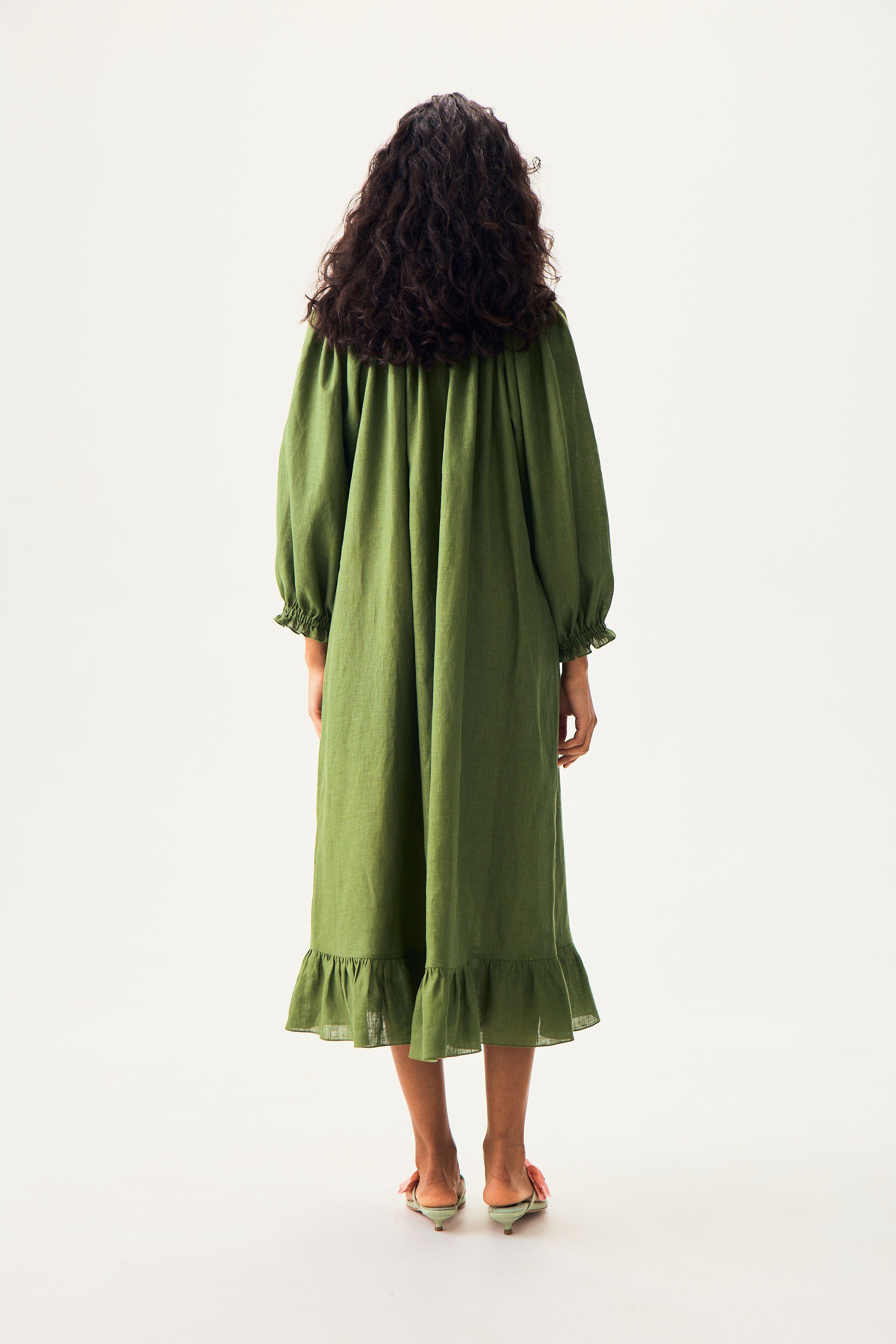 Loungewear Linen Dress with Hair Ribbon in Green