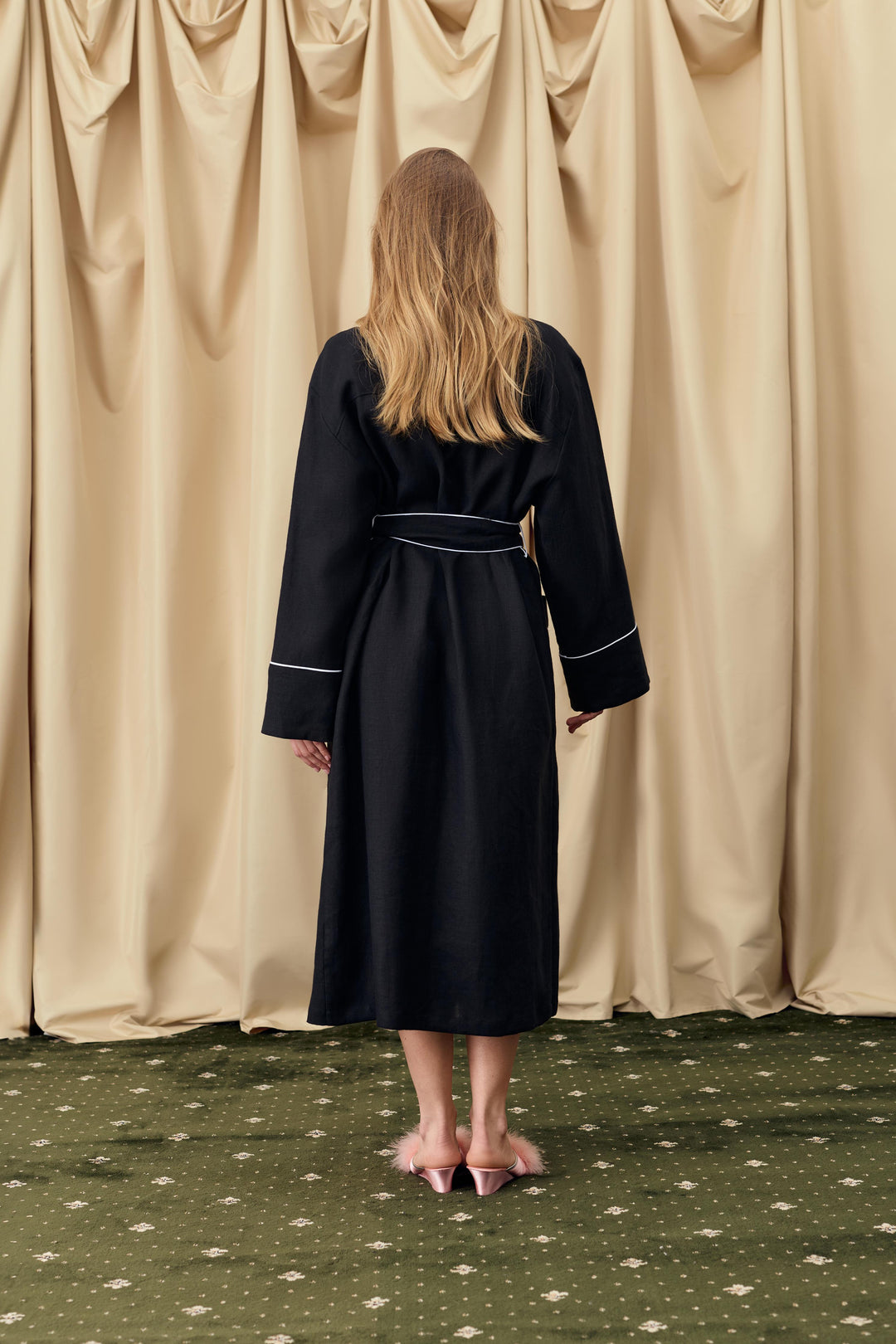 black satin robe dress Black kimono lace robe Long Handmade, Black / XL