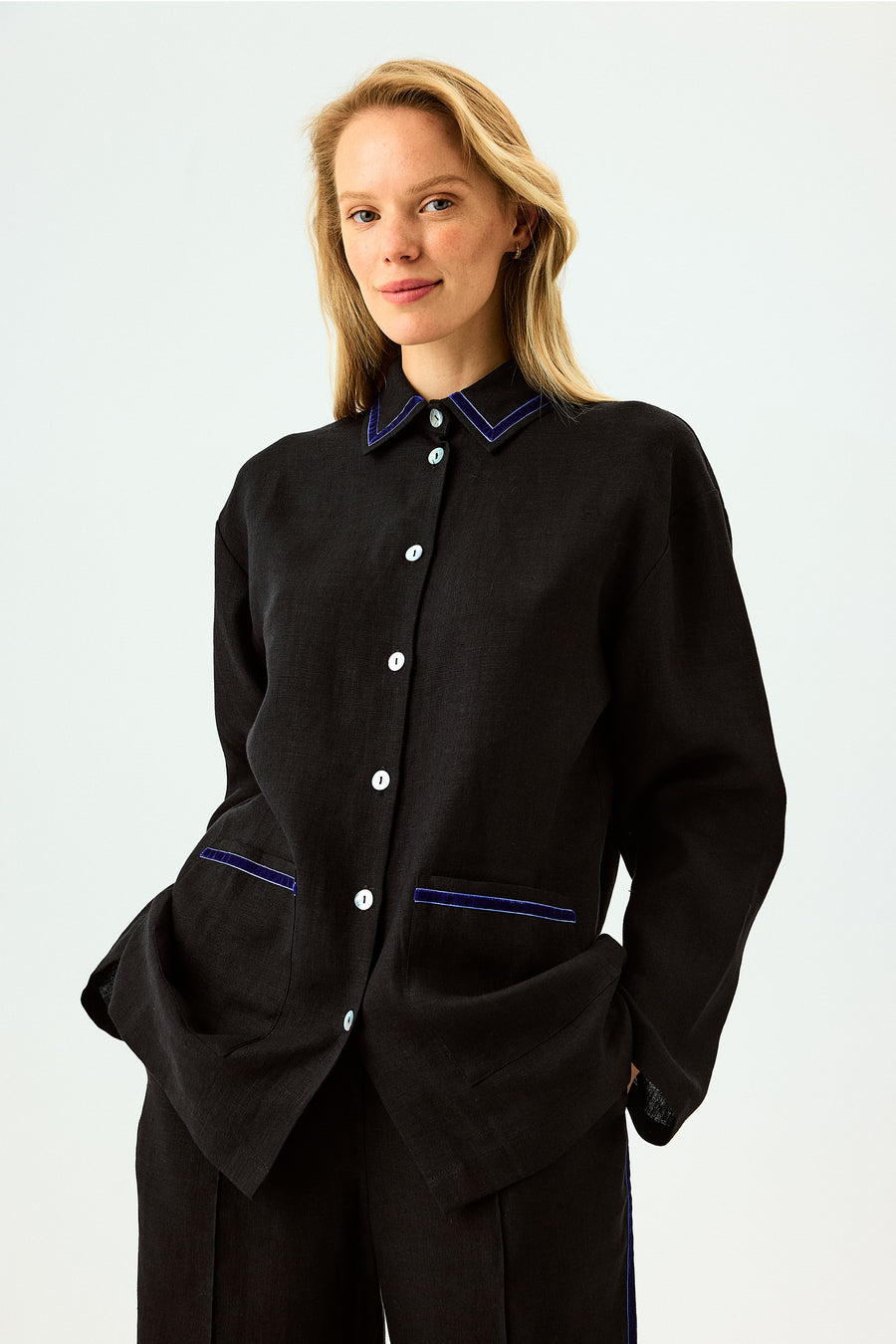 Paros Linen Unisex Pajama Shirt in Black