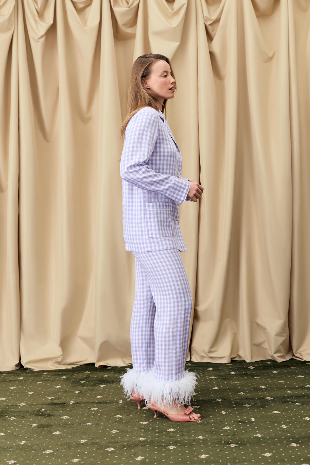 Party Pajama Set with Detachable Feathers in Lavender Vichy